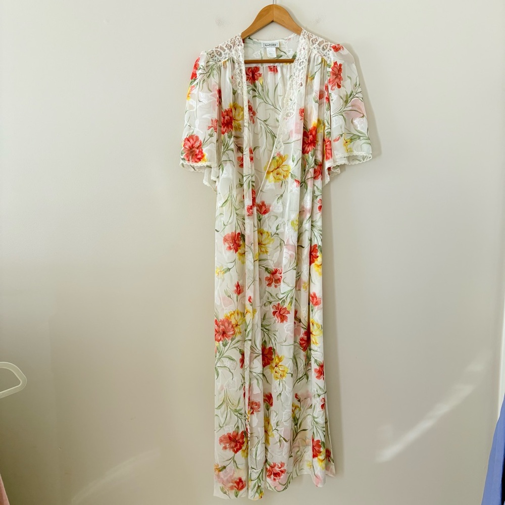 Natori Floral Sheer Lace Trim Wrap Robe Maxi‎ Romantic Vintage Lingerie Small - Picture 4 of 14